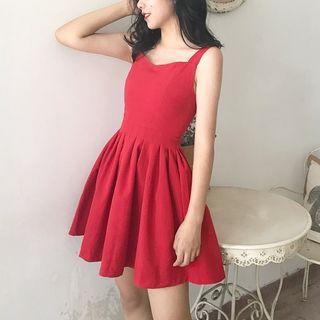 Plain Slim-fit Pleated A-line Tank Dress