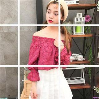 Long-sleeve Off-shoulder Check Top Red - One Size