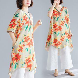 Set: Floral Short-sleeve Long Top + Wide Leg Pants