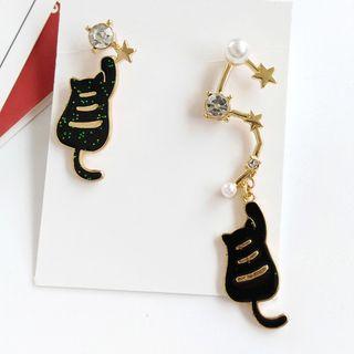 Non-matching Rhinestone Faux Pearl Alloy Cat Dangle Earring