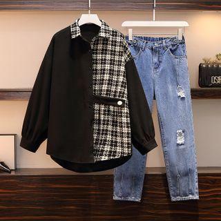 Asymmetric Plaid Panel Shirt / Distressed Straight-cut Jeans / Set