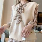 Set: Long-sleeve Floral Print Midi A-line Dress + Vest