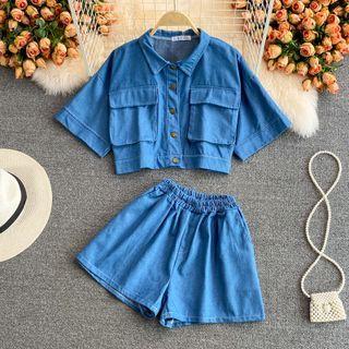 Set: Short-sleeve Crop Shirt + Elastic-waist Shorts