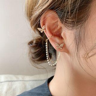 Non-matching Rhinestone Butterfly Chained Cuff Earring 1 Pair - As Shown In Figure - One Size
