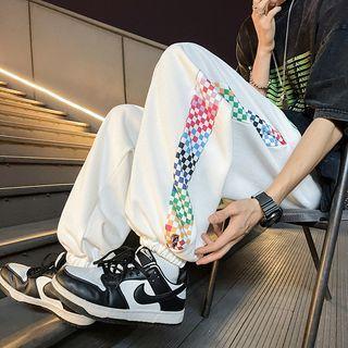Chessboard Print Panel Casual Pants