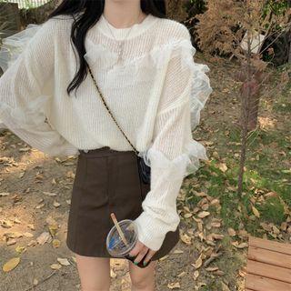 Ruffle Mesh Panel Knit Top Off-white - One Size