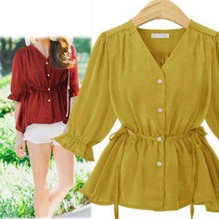 Drawstring Waist V-neck Elbow-sleeve Blouse