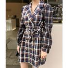 Double-breasted Plaid Dress With Sash Navy Blue - One Size