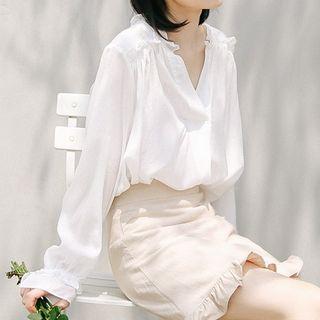 V-neck Frill Trim Chiffon Blouse