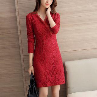 Long Sleeve V-neck Lace Wrap Shift Dress