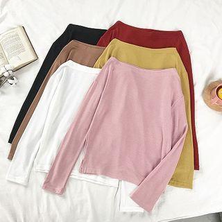 Plain Off-shoulder Loose-fit Long-sleeve Knit Top