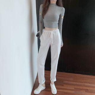 Mock-neck Cutout Crop T-shirt / Drawstring Harem Pants