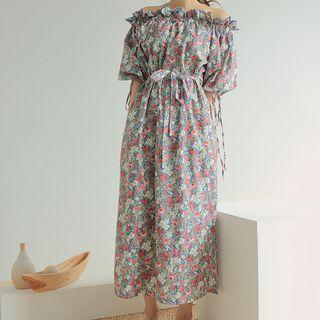 Elbow-sleeve Off-shoulder Floral-print Midi Dress