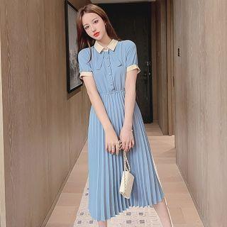 Contrast Trim Pleated Chiffon Midi Dress
