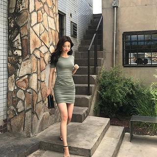 Short-sleeve Shirred Mini Bodycon Dress