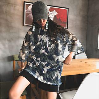 3/4-sleeve Camo Mesh T-shirt
