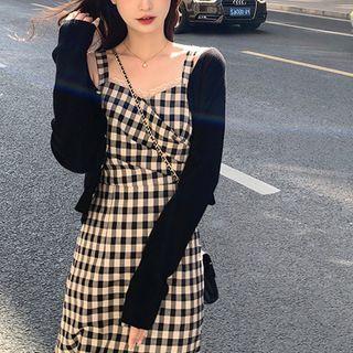 Wide Strap Gingham A-line Dress / Cardigan