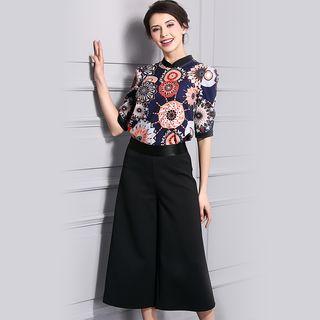Set: Printed Short Sleeve Chiffon Top + Culottes