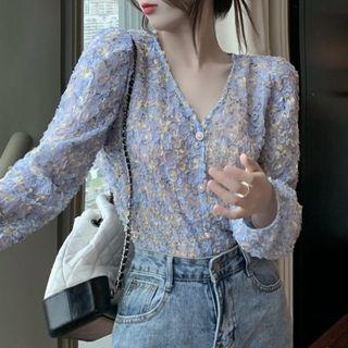 Long-sleeve V-neck Floral Blouse Blue - One Size