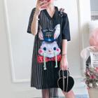 Elbow Sleeve Cutout Shoulder Rabbit Print T-shirt Dress