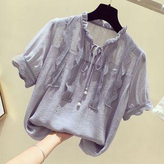 Short-sleeve Lace Trim Tie-neck Chiffon Blouse