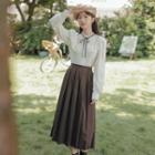 Puff-sleeve Ruffled Blouse / Midi A-line Skirt / Set