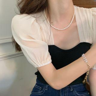 Mock Two-piece Square-neck Color Block Panel Puff-sleeve Knit Top