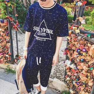 Set: Printed Elbow-sleeve T-shirt + Capri Pants