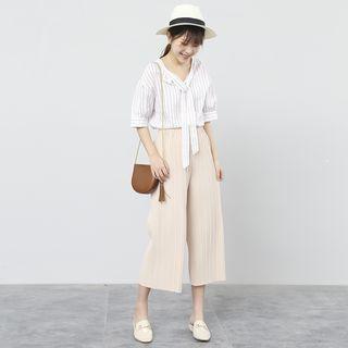 Elbow-sleeve Tie-neck Stripe Blouse