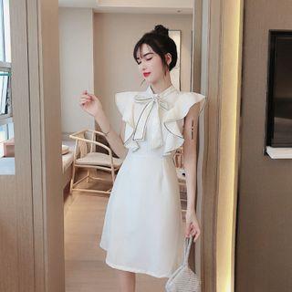 Cap-sleeve Ribbon-neck Frill Trim A-line Dress