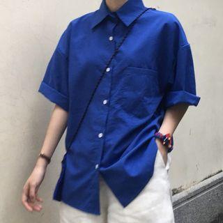Plain Short-sleeve Shirt Sapphire Blue - One Size