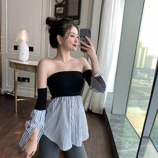 Long-sleeve Off Shoulder Striped Panel Top