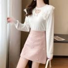 Set: Long-sleeve Lace Panel Faux Pearl Knit Sweater + High-waist Faux Pearl Woolen Skirt