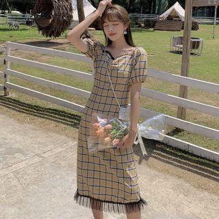 Puff-sleeve Plaid Panel Mesh Dress