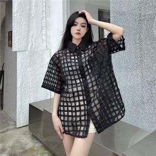 Short-sleeve Plaid Mesh Shirt