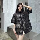 Short-sleeve Plaid Mesh Shirt