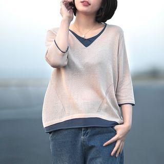 Mock Two-piece 3/4-sleeve Knit Top