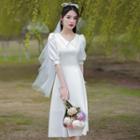Short-sleeve Collar Midi A-line Dress / Wedding Veil / Set