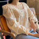 Balloon-sleeve Crochet Panel Blouse Almond - One Size
