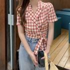 Short-sleeve Plaid Tie-strap Cropped Blouse