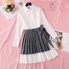 Set: :long-sleeve Pleated Shirtdress + Striped Mini Skirt