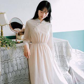 Stand-collar Frog-button Chiffon Dress
