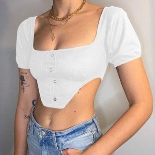 Square Neck Short Sleeve Button-up Top