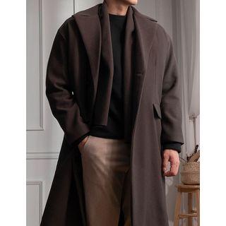 Wool Blend Long Coat With Muffler Scarf