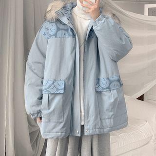 Smiley Face Print Hooded Zip Coat