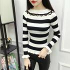 Cutout Frill Trim Stripe Long-sleeve Knit Top