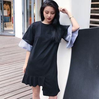 Striped Cuff Asymmetric T-shirt Dress