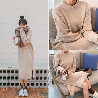 Slit-side Wool Blend Long Knit Dress