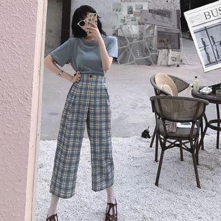 Boxy T-shirt / Windowpane Check Wide-leg Pants