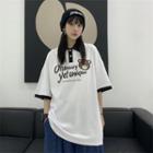 Elbow-sleeve Cartoon Lettering Polo Shirt